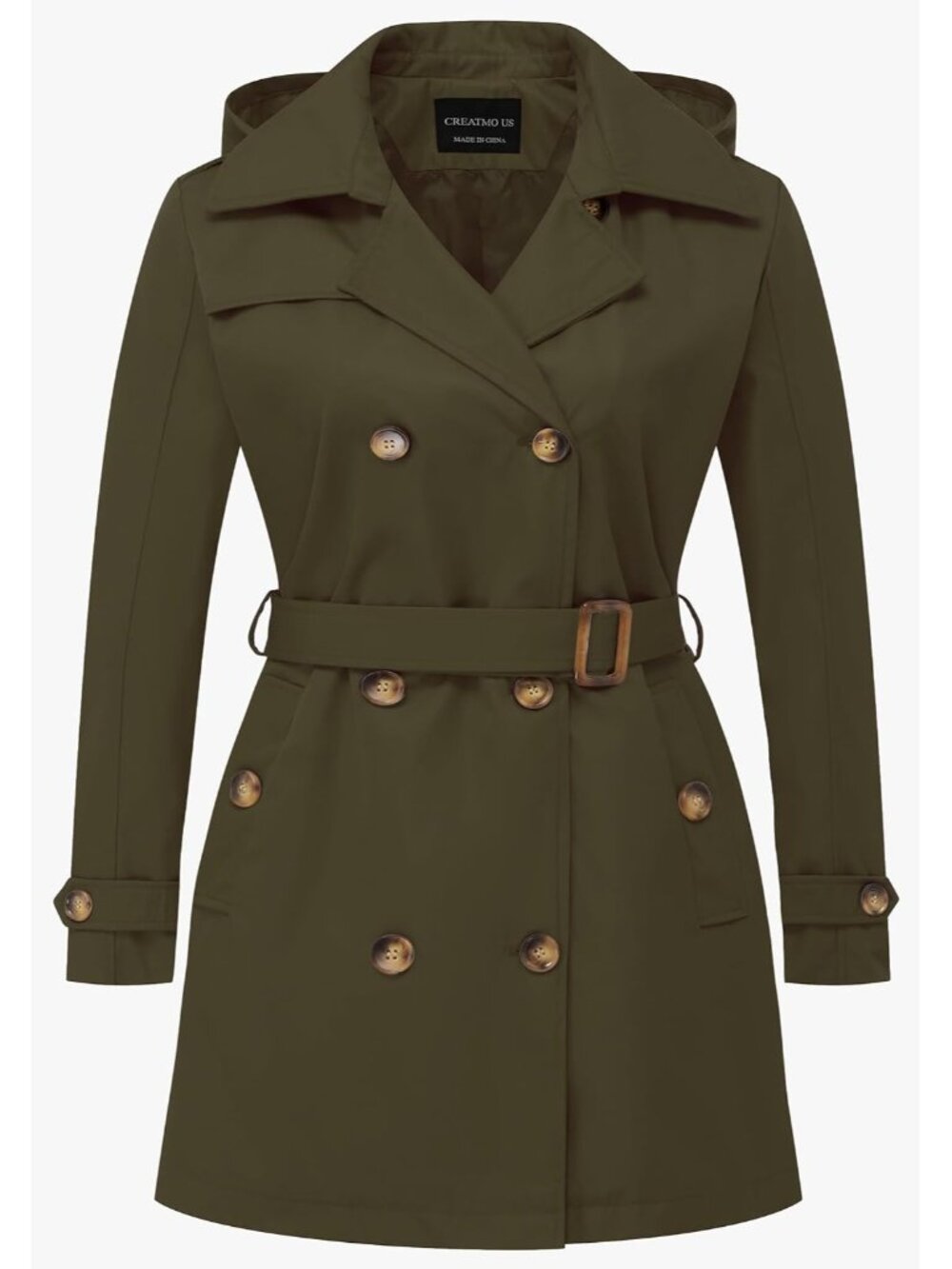 Women's Army Green Cuff Sleeve Classic Lapel Double-Breasted Hood Trench Coat